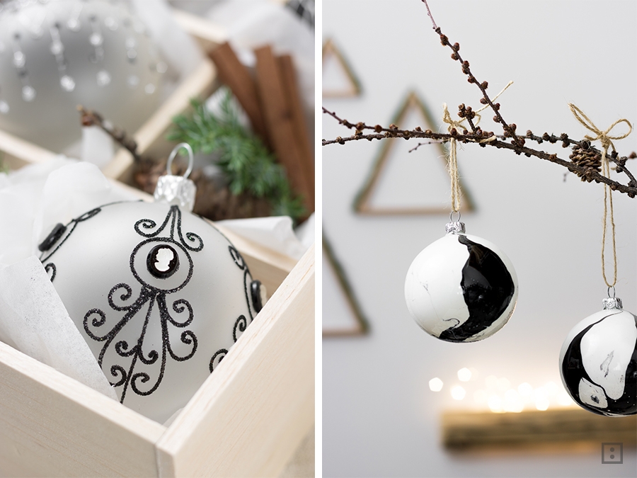 schwarz weiß Weihnachtskugeln selber basteln skandinavisch Weihnachtsdekoration